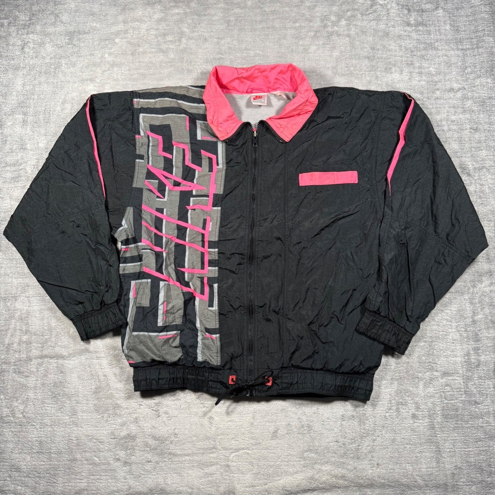 Nike Jacket Mens Medium Black Neon Vintage 90s Abstract Geometric Windbreaker